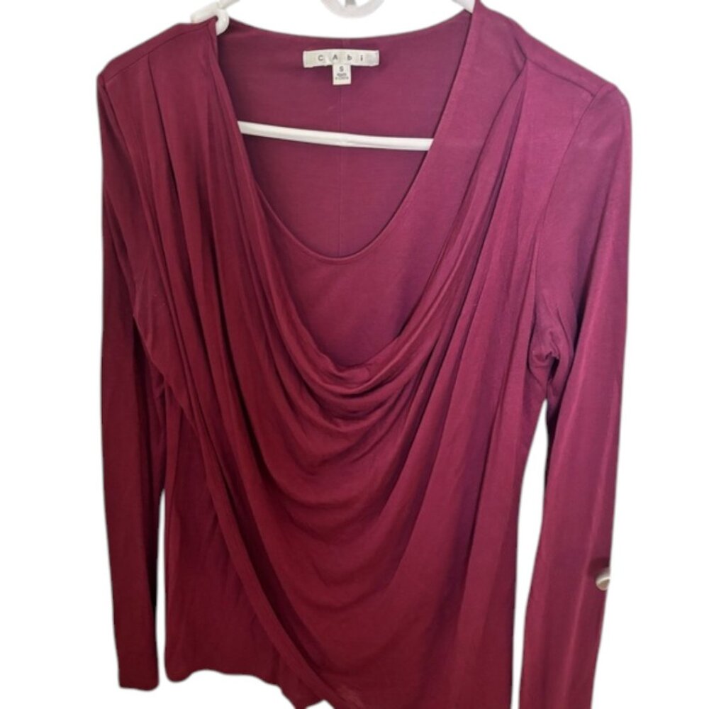 CAbi Eggplant Draped Neck Jersey Knit Long Sleeve Top Size Small